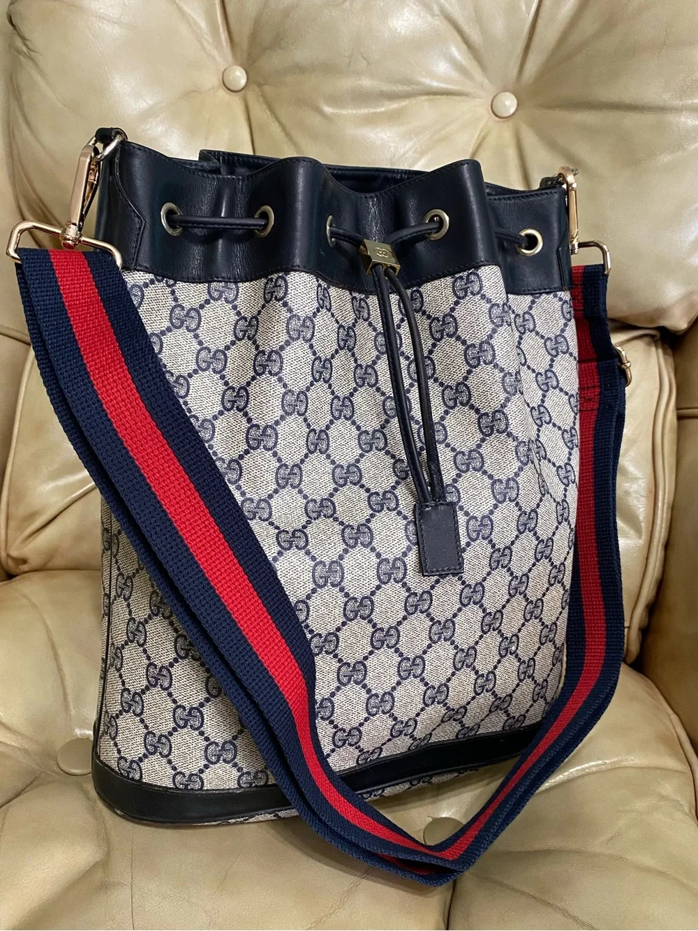 LARGE Gucci Drawstring Bucket Bag Vintage Sherry GG Monogram Web Stripe Added